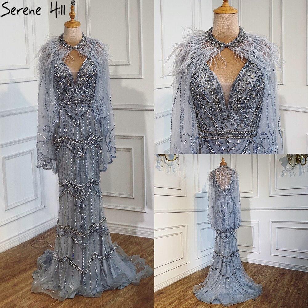 Dubai Purple V-Neck Mermaid Sexy Evening Dresses 2024 Sleeveless Shawl Yarn Feathers Formal Dress Serene Hill LA70171A
