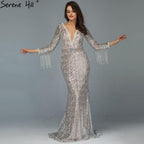 On Sale no return no refundSale Dubai Silver V-Neck Tassel Beading Mermaid Evening Dresses 2024 Long Sleeve  Luxury Sexy Evening Gowns Serene Hill LA60770
