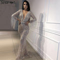 On Sale no return no refundSale Dubai Silver V-Neck Tassel Beading Mermaid Evening Dresses 2024 Long Sleeve  Luxury Sexy Evening Gowns Serene Hill LA60770