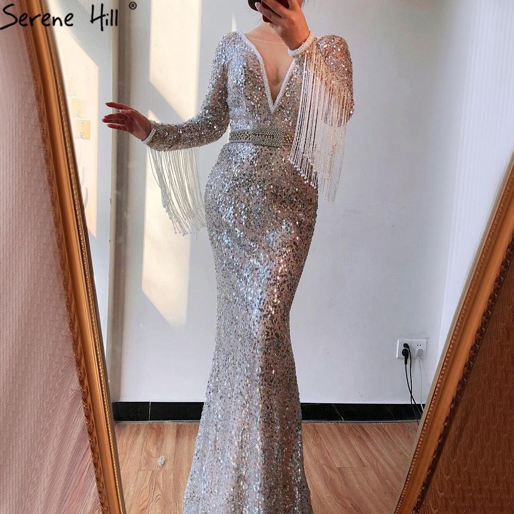 On Sale no return no refundSale Dubai Silver V-Neck Tassel Beading Mermaid Evening Dresses 2024 Long Sleeve  Luxury Sexy Evening Gowns Serene Hill LA60770