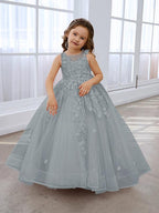 Vestido de princesa rosa para niña con apliques de encaje 