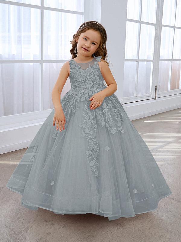 Vestido de princesa rosa para niña con apliques de encaje 