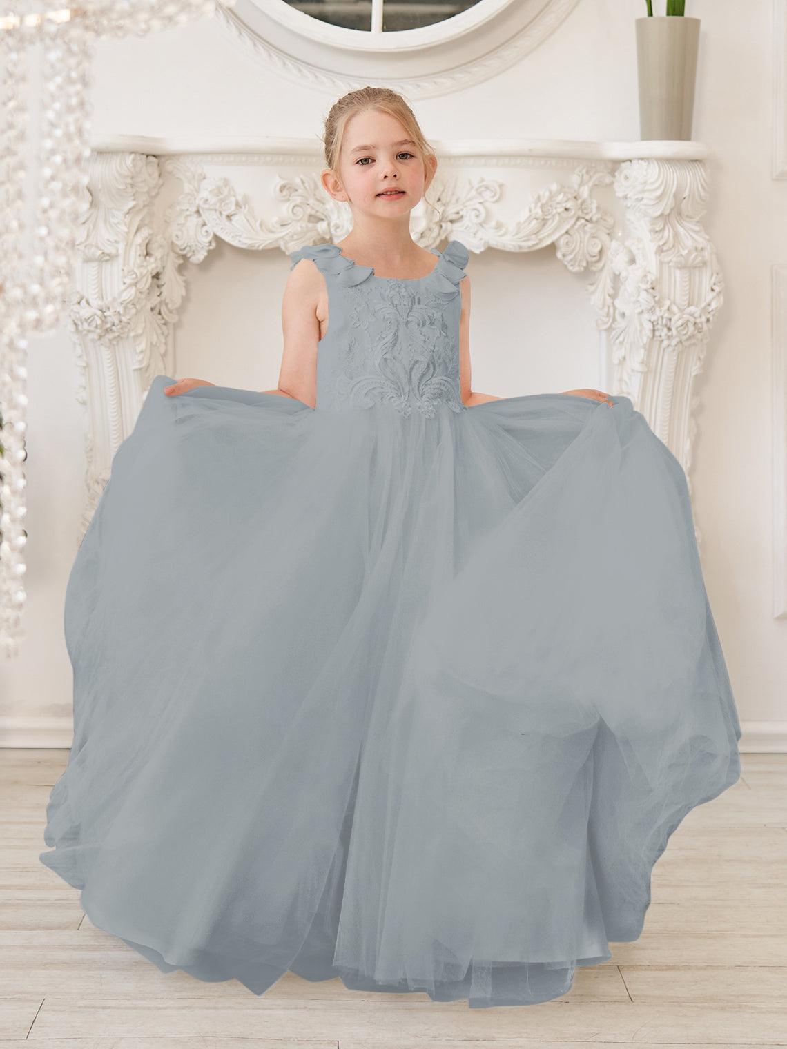 Elegante vestido de niña de las flores de tul blanco con cola larga 
