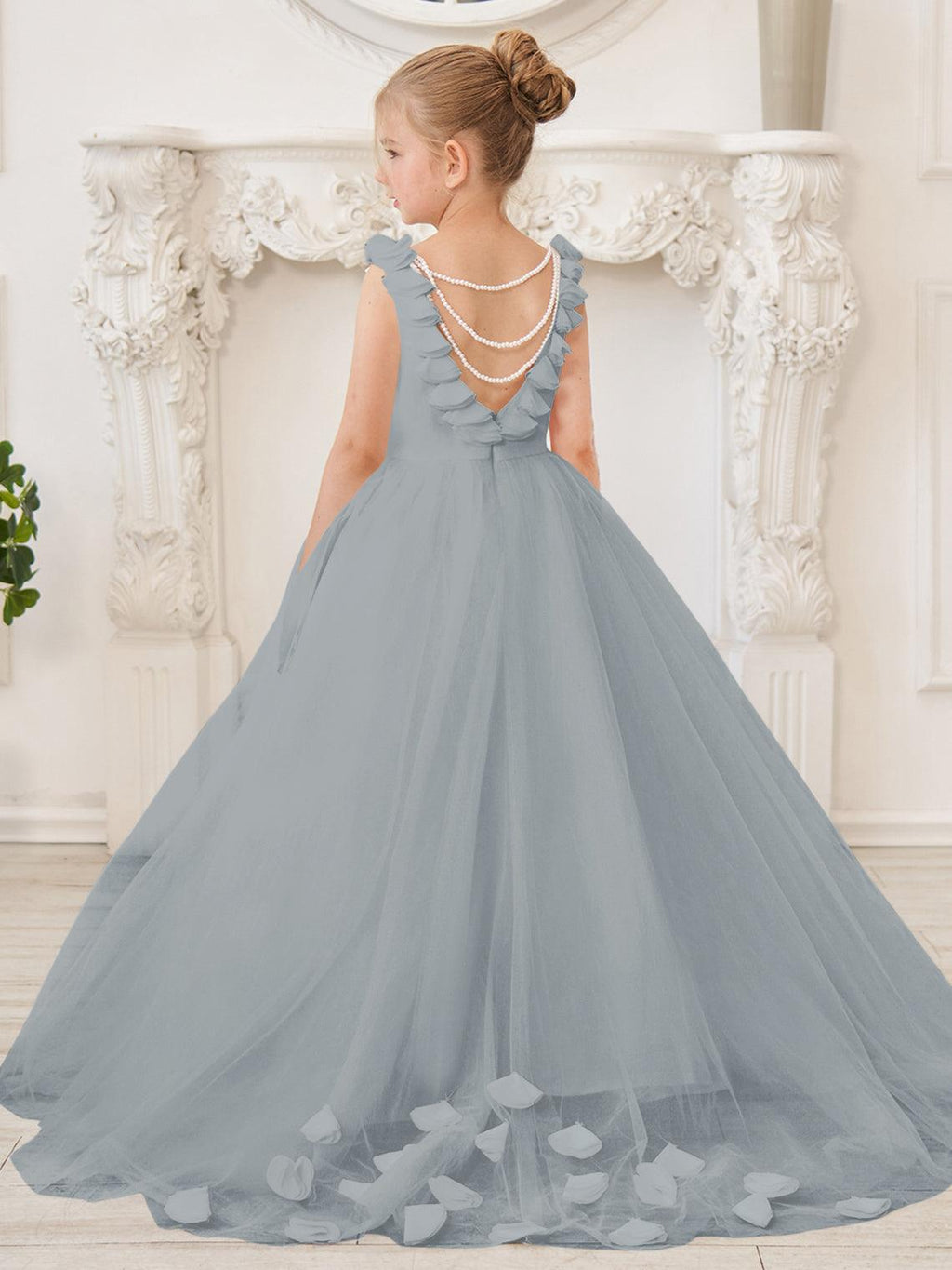 Elegante vestido de niña de las flores de tul blanco con cola larga 