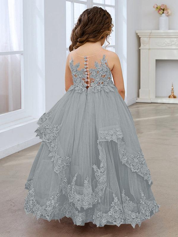 Vestido de princesa de tul sin mangas con apliques de encaje y cola larga para niñas 