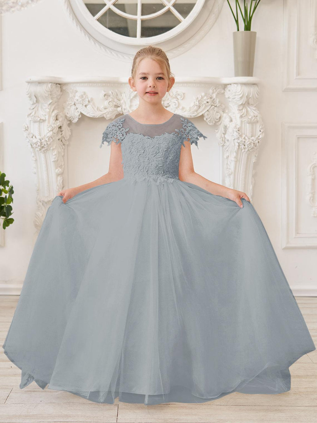 Vestido de princesa para primera comunión de niña de las flores, color marfil, con cola desmontable 