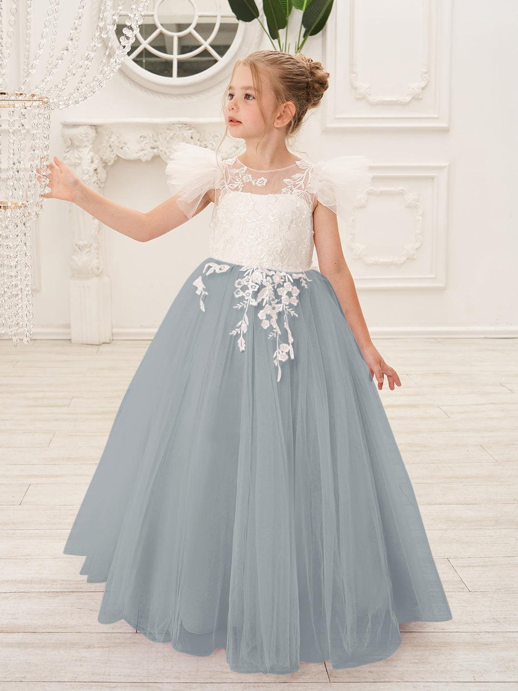 Abnehmbares Blumenmädchenkleid aus Spitze und Tüll mit Schleppe 