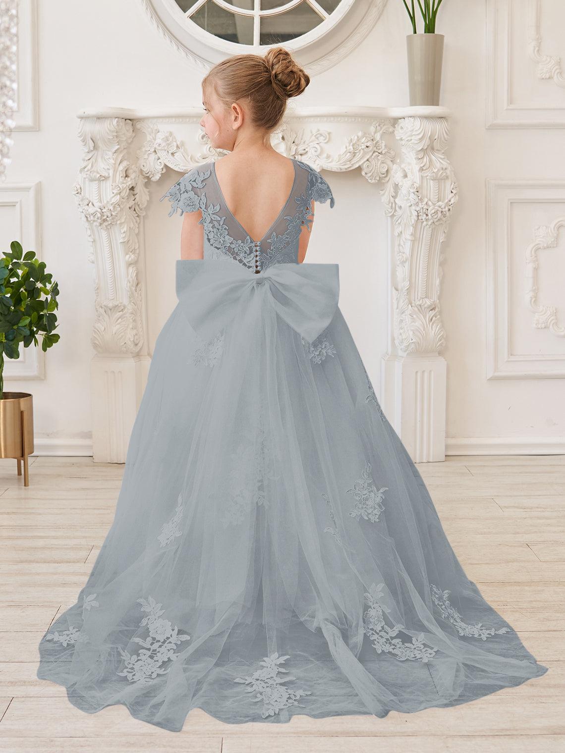 Vestido de princesa para primera comunión de niña de las flores, color marfil, con cola desmontable 