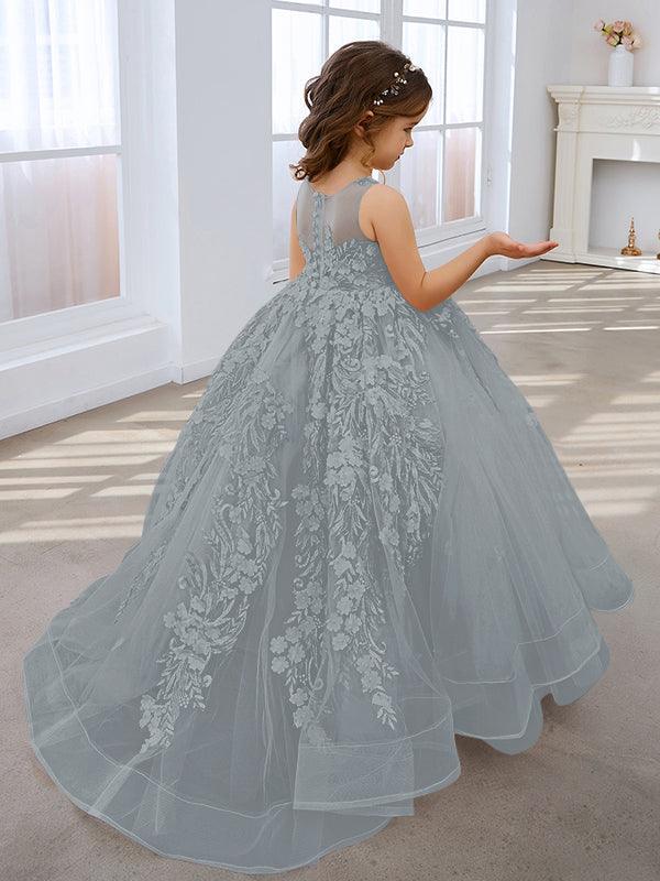 Vestido de princesa rosa para niña con apliques de encaje 