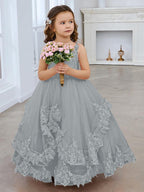 Vestido de princesa de tul sin mangas con apliques de encaje y cola larga para niñas 