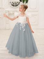 Vestido de niña de las flores con cola larga y tul con encaje desmontable 