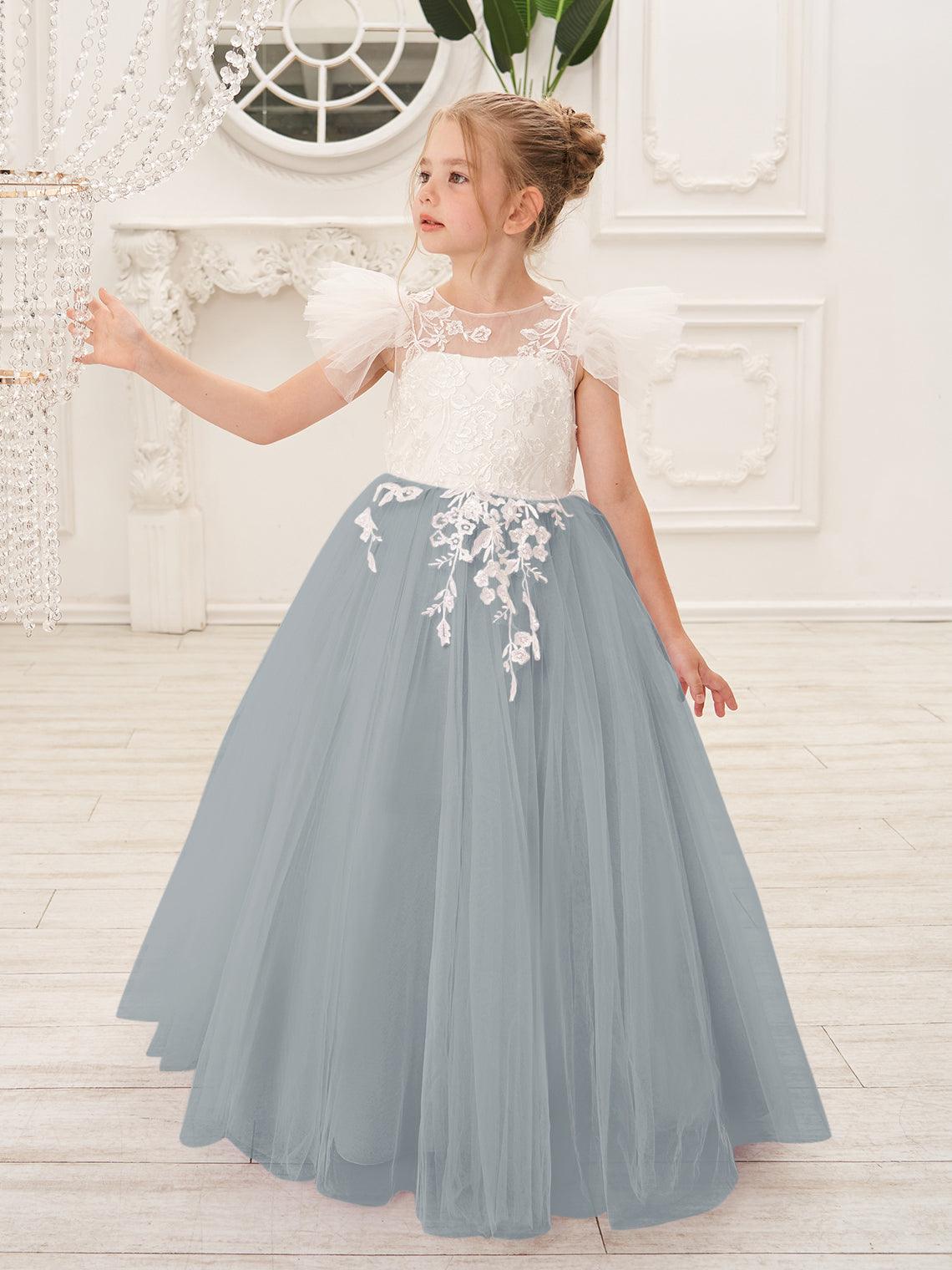 Vestido de niña de las flores con cola larga y tul con encaje desmontable 