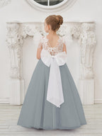Vestido de niña de las flores con cola larga y tul con encaje desmontable 