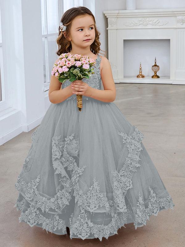 Vestido de princesa de tul sin mangas con apliques de encaje y cola larga para niñas 