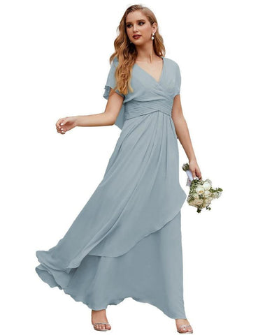 Numbersea Chiffon Bridesmaid Dresses Long Formal Evening Prom Mother of The Bride Dress with Flutter Sleeve  SEA28040-numbersea