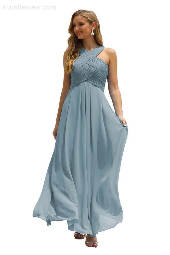 Numbersea Women Halter Chiffon Bridesmaid Dress A-line Long Formal Prom Gown SEA28015-numbersea