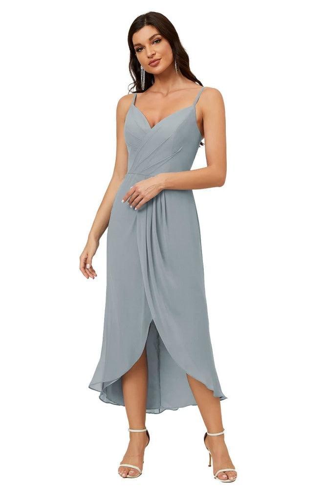 Numbersea Spaghetti Chiffon V Neck Bridesmaid Dress Mid-Length Slit Formal Prom Dress Homecoming Dress 2803-numbersea