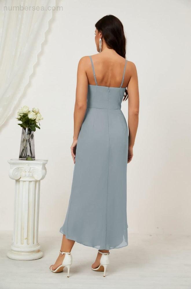 Numbersea Spaghetti Chiffon V Neck Bridesmaid Dress Mid-Length Slit Formal Prom Dress Homecoming Dress 2803-numbersea