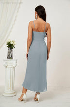 Numbersea Spaghetti Chiffon V Neck Bridesmaid Dress Mid-Length Slit Formal Prom Dress Homecoming Dress 2803-numbersea