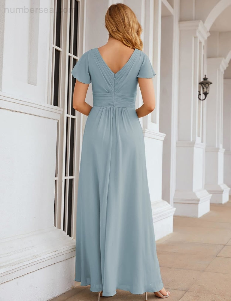 Numbersea Chiffon Bridesmaid Dress Cap Sleeves Maxi Prom Gowns Party Wedding Mother of The Bride Dresses for Women SEA28047-numbersea