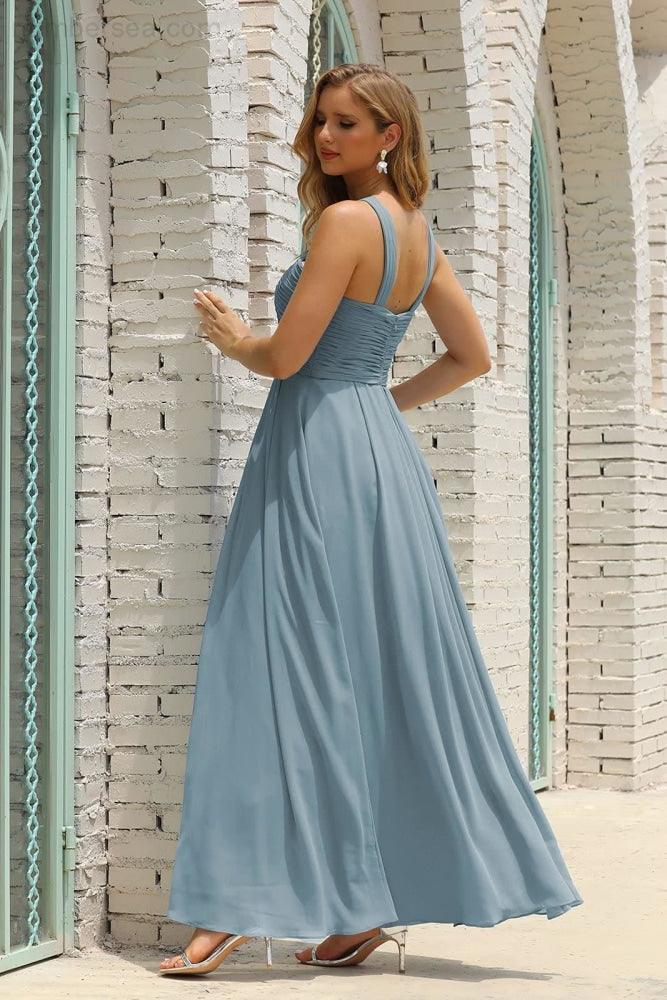 Numbersea Women Halter Chiffon Bridesmaid Dress A-line Long Formal Prom Gown SEA28015-numbersea