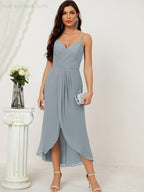 Numbersea Spaghetti Chiffon V Neck Bridesmaid Dress Mid-Length Slit Formal Prom Dress Homecoming Dress 2803-numbersea