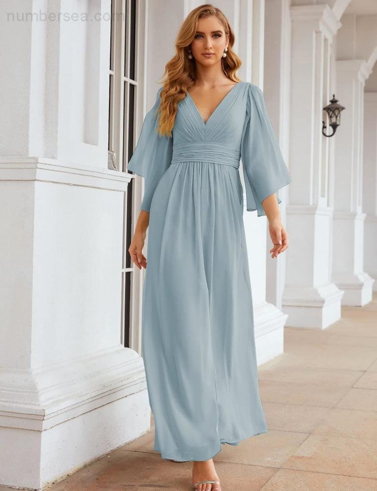 NumberSea - Numbersea Chiffon Bridesmaid Dresses with Split for Women Wedding Long Party Prom Gown Flutter Sleeve SEA28045