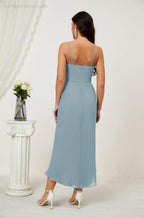 Numbersea Spaghetti Chiffon V Neck Bridesmaid Dress Mid-Length Slit Formal Prom Dress Homecoming Dress 2803-numbersea
