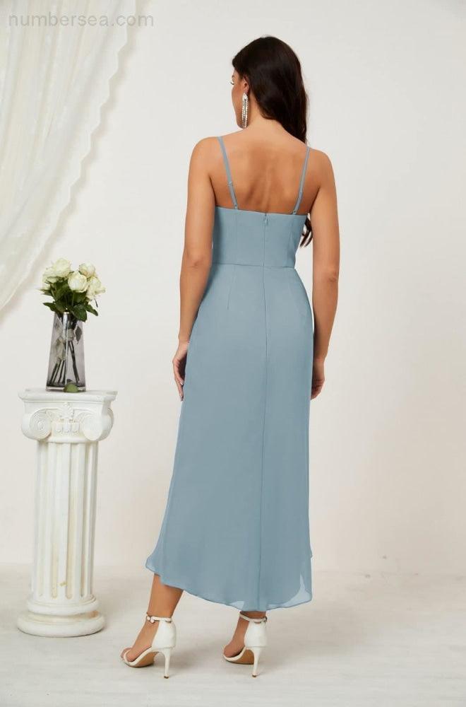 Numbersea Spaghetti Chiffon V Neck Bridesmaid Dress Mid-Length Slit Formal Prom Dress Homecoming Dress 2803-numbersea