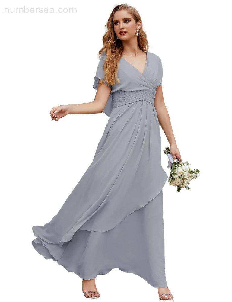 Numbersea Chiffon Bridesmaid Dresses Long Formal Evening Prom Mother of The Bride Dress with Flutter Sleeve  SEA28040-numbersea
