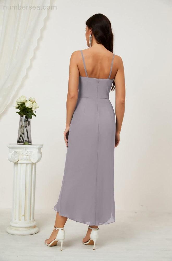 Numbersea Spaghetti Chiffon V Neck Bridesmaid Dress Mid-Length Slit Formal Prom Dress Homecoming Dress 2803-numbersea