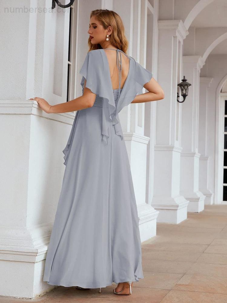 Numbersea Chiffon Bridesmaid Dresses Long Formal Evening Prom Mother of The Bride Dress with Flutter Sleeve  SEA28040-numbersea