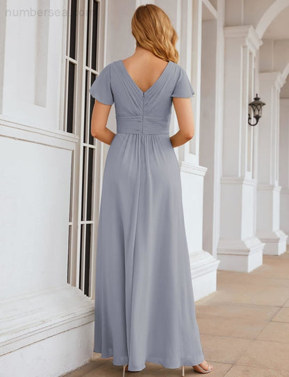 Numbersea Chiffon Bridesmaid Dress Cap Sleeves Maxi Prom Gowns Party Wedding Mother of The Bride Dresses for Women SEA28047-numbersea