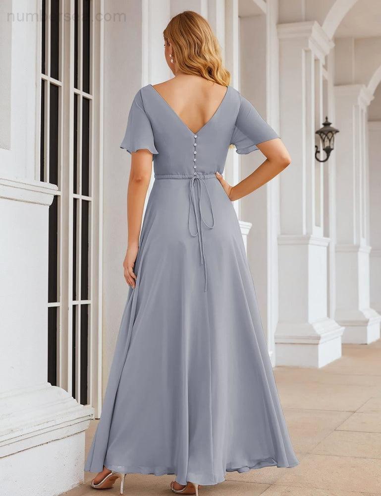 NumberSea - Numbersea Wrap V - Neck Chiffon Bridesmaid Dresses Long Formal Maxi Evening Gown for Wedding Guests SEA28049