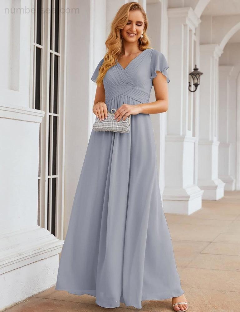NumberSea - Numbersea Chiffon Bridesmaid Dress Cap Sleeves Maxi Prom Gowns Party Wedding Mother of The Bride Dresses for Women SEA28047