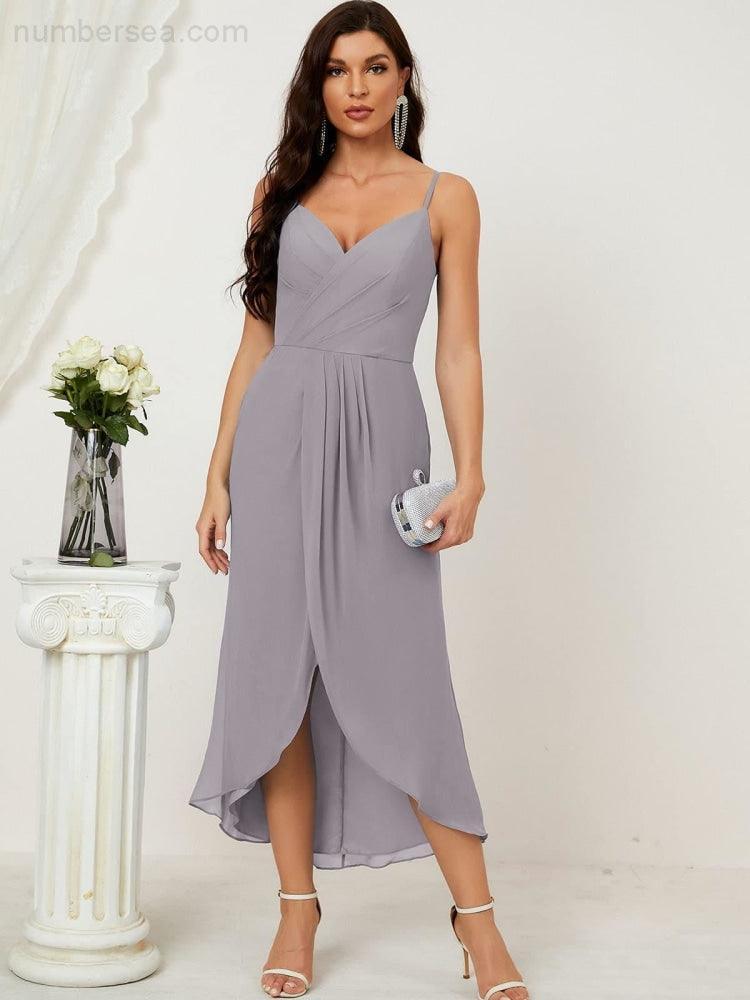 Numbersea Spaghetti Chiffon V Neck Bridesmaid Dress Mid-Length Slit Formal Prom Dress Homecoming Dress 2803-numbersea