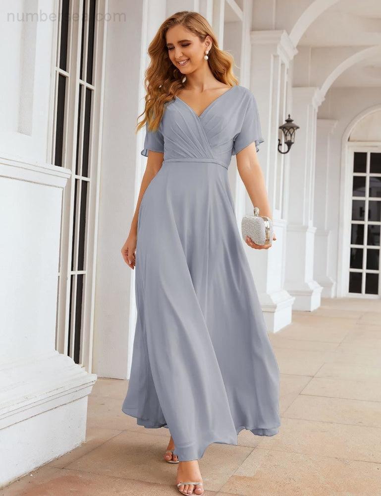 NumberSea - Numbersea Wrap V - Neck Chiffon Bridesmaid Dresses Long Formal Maxi Evening Gown for Wedding Guests SEA28049