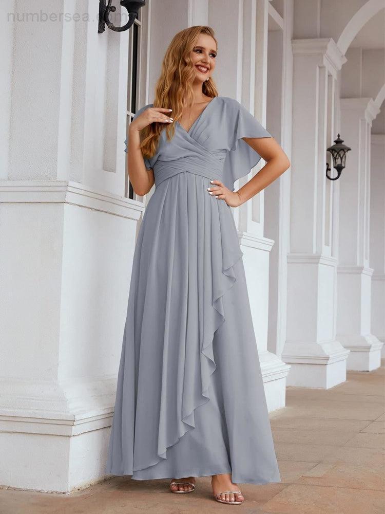 Numbersea Chiffon Bridesmaid Dresses Long Formal Evening Prom Mother of The Bride Dress with Flutter Sleeve  SEA28040-numbersea