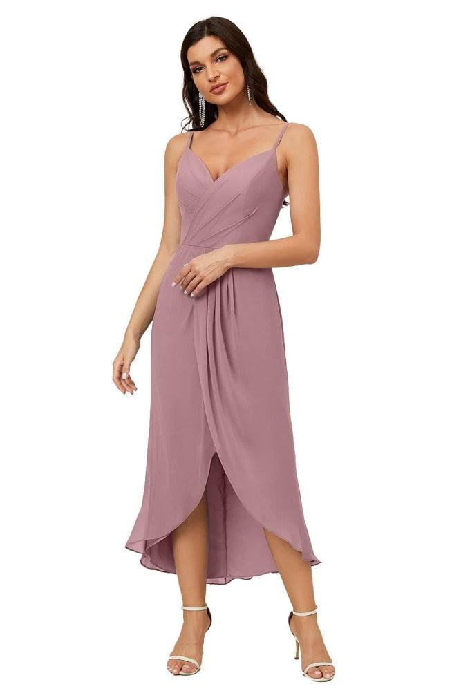 Numbersea Spaghetti Chiffon V Neck Bridesmaid Dress Mid-Length Slit Formal Prom Dress Homecoming Dress 2803-numbersea