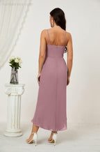 Numbersea Spaghetti Chiffon V Neck Bridesmaid Dress Mid-Length Slit Formal Prom Dress Homecoming Dress 2803-numbersea
