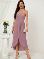 Numbersea Spaghetti Chiffon V Neck Bridesmaid Dress Mid-Length Slit Formal Prom Dress Homecoming Dress 2803-numbersea