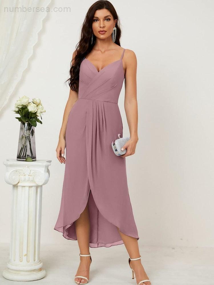Numbersea Spaghetti Chiffon V Neck Bridesmaid Dress Mid-Length Slit Formal Prom Dress Homecoming Dress 2803-numbersea