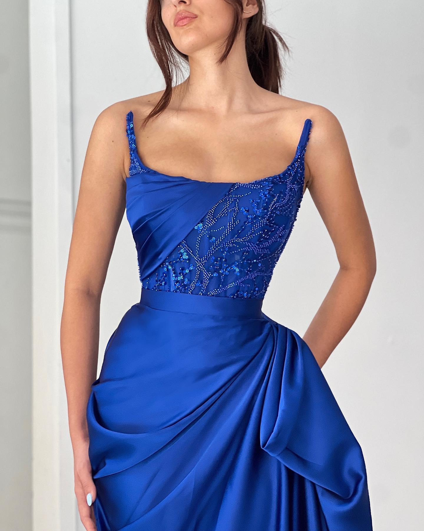 Elegante A-Linie Rüschen Ärmellos Quadratische Satin Ozeanblau Ballkleider