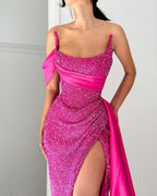 Elegantes A-Linie Satin Pailletten Ärmellos Neckholder Rosa Lange Ballkleider