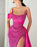 Elegantes A-Linie Satin Pailletten Ärmellos Neckholder Rosa Lange Ballkleider