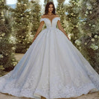 Elegante vestido de novia estilo princesa, escote corazón, hombros descubiertos, encaje, apliques de cuentas, bata de novia 