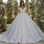 Elegante vestido de novia estilo princesa, escote corazón, hombros descubiertos, encaje, apliques de cuentas, bata de novia 
