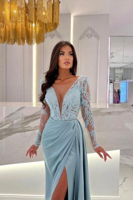 Elegantes, säulenförmiges, bodenlanges Ballkleid mit Schlitz vorn, langen Ärmeln, V-Ausschnitt und Spitze