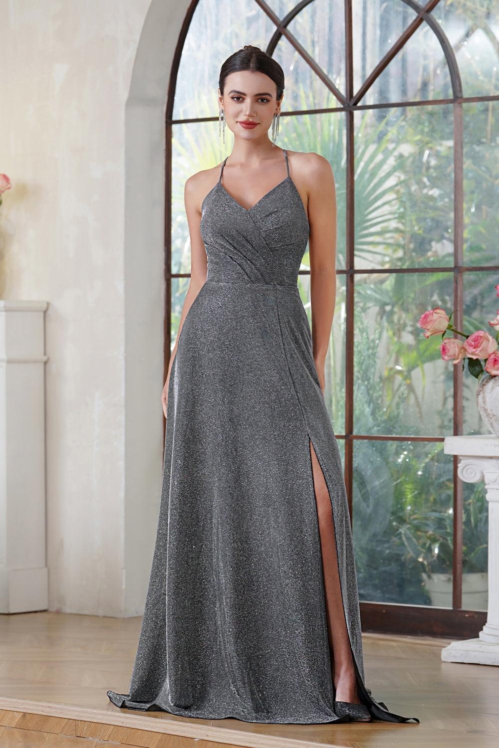 Elegantes Neckholder-Ballkleid aus glänzender Seide, lang, V-Ausschnitt, plissiertes Partykleid mit Seitenschlitz und Tasche