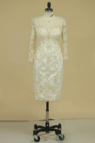 Mother of the Bride Dress Elegant Illusion Neck Knee Length 3/4 Sleeve Sheath Column with Embroidery
